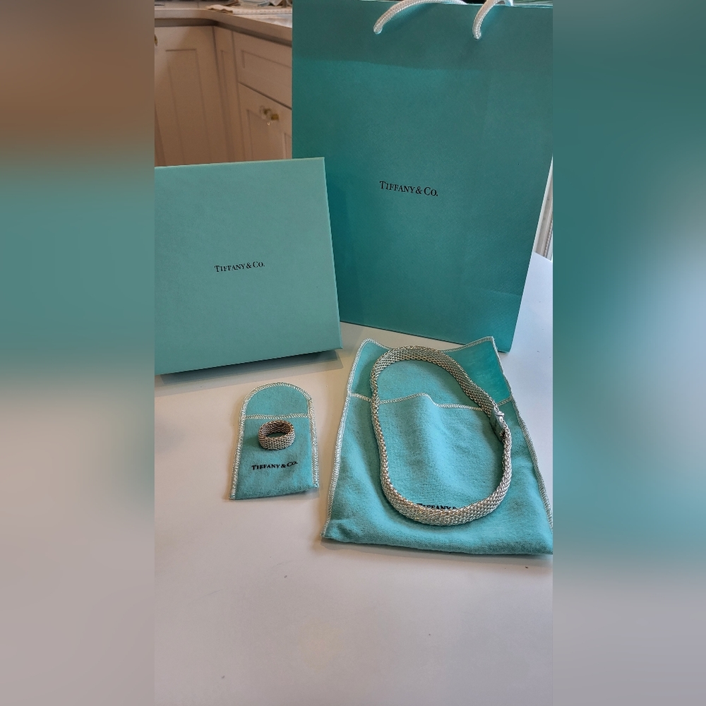 Authentic Tiffany & Co. Somerset Sterling Silver 925 Mesh Neclace and Band Ring